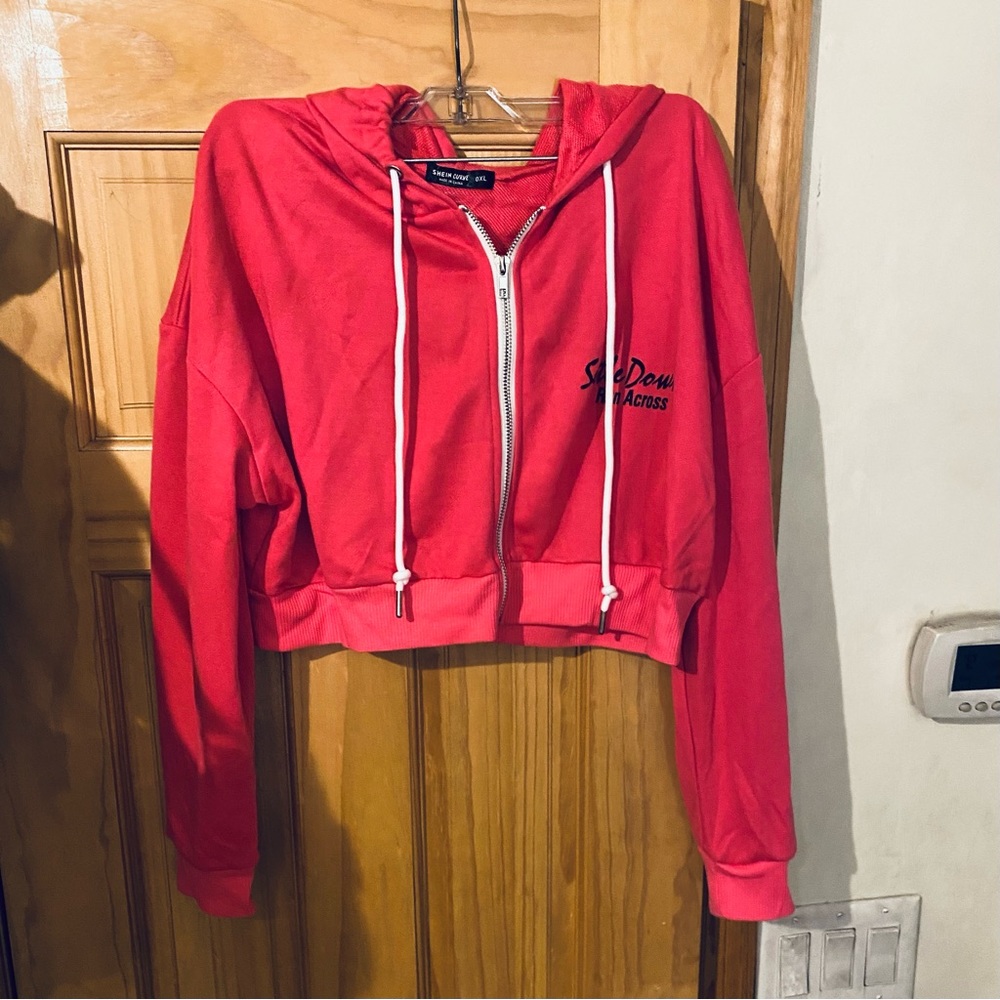 NWOT - Hot Pink Lightweight Cropped Drawstring Zip Up Hoodie - 0XL